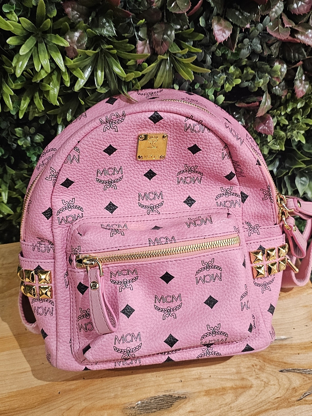 MCM Pink Logo Mini Backpack with Gold Studs